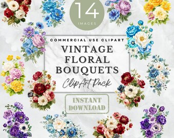 Pacchetto di clipart di bouquet floreali vintage, clipart di fiori ad acquerello, artigianato di carta, invito di nozze vintage, diario, arte murale, forniture artigianali PNG
