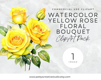 May include: Watercolor painting of a bouquet of yellow roses. The roses are arranged in a cluster with green leaves. The painting is titled "Watercolor Yellow Rose Floral Bouquet Clip Art Pack".