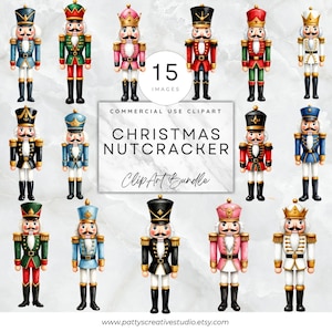 May include: A digital collection of 15 Christmas nutcracker illustrations featuring various uniforms in red, green, blue, pink, white, and black. The central text reads 15 IMAGES COMMERCIAL USE CLIPART CHRISTMAS NUTCRACKER ClipArt Bundle and a website URL.