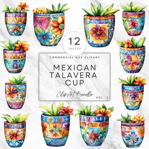 Mexicaanse talavera potplant set mozaïek ontwerpen bundel Mexicaanse beker plant Art Home Deco ClipArt talavera patroon muur kunst uitnodigen ambachten vol1