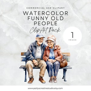 Imagen prediseñada de acuarela de una pareja de ancianos divertidos. Abuelos felices. Manualidades de papel digitales. Tarjeta de invitación. Descarga instantánea. 300 DPI. Comercial.