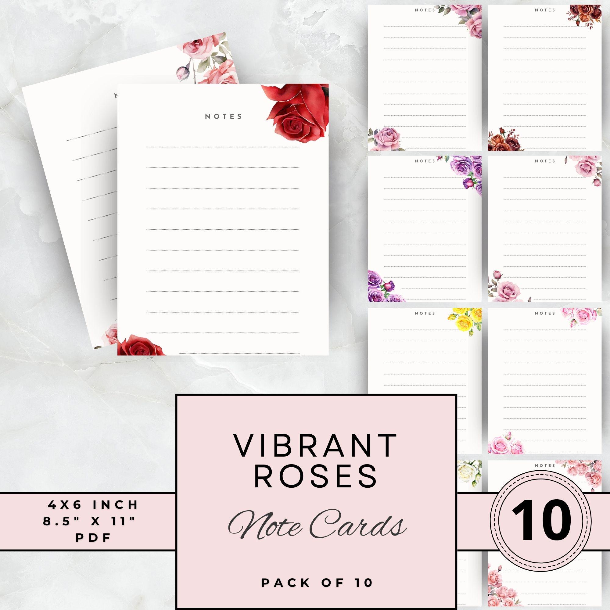 Vibrant Floral Rose Notecards Printable Set of 10 Digital Note Card ...
