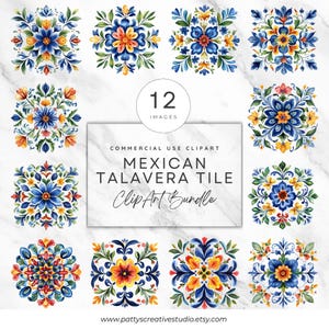 Mexican Talavera Tiles Clipart Set Mosaic Tile PNG Colorful Floral Pattern Mosaic Designs Watercolor Mexican Talavera Wall Art Invite Crafts