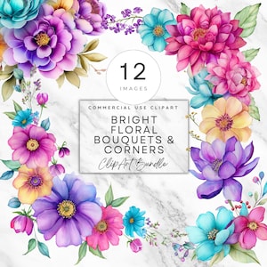 May include: A vibrant digital art bundle featuring colorful floral bouquets and corners. The image showcases a variety of flowers in shades of purple, pink, yellow, and turquoise, arranged on a white marble background. Text reads "12 Images" and "Bright Floral Bouquets & Corners Clip Art Bundle."