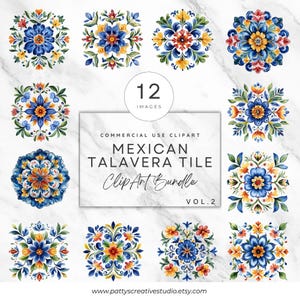 Mexican Talavera Tiles Clipart Set Mosaic Tile PNG Colorful Floral Pattern Designs Watercolor Vintage Mexican Talavera Wall Art Craft Invite