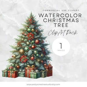Christmas Tree 1 Image Clipart Holiday Decorated Christmas Tree with Presents Watercolor Clipart Holiday Card Clipart Wall Art Decoration