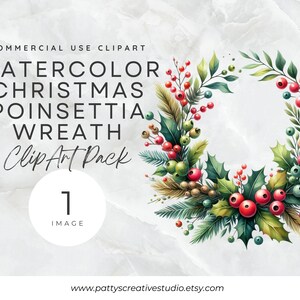 Coroa de Poinsétia de Natal 1 Imagem Clipart Coroa de Poinsétia Aquarela Floral Clipart Download Digital Instantâneo 300DPI Uso Comercial