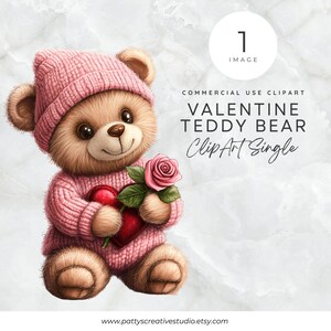 Teddy Bear Heart and Rose Single Clipart Valentine&#39;s Day Teddy Bear with Hearts & Roses Romantic Valentine Celebration Cute Fun Clip Art PNG