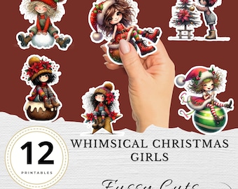 Whimsical Christmas Girls Fussy Cuts Graphics Holiday Playful Christmas Girls Junk Journal Ephemera 12 Printable Paper Craft Scrapbook