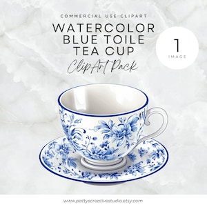 May include: Watercolor blue toile teacup and saucer with a white background. The teacup and saucer have a blue and white floral pattern.