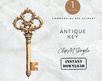 Antique Key 1 Image Clipart PNG Watercolor Printable Metal Victorian Vintage Antique Key Clipart PNG Wall Art DIY Paper Craft Invitation
