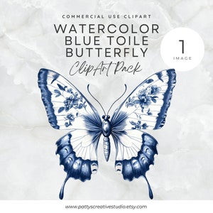 Farfalla in tela blu 1 Immagine Clipart Farfalla cinese blu Acquerello floreale Clipart matrimonio Invito festa Grandmillennial blu