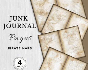 Gamla piratkartor, skräpjournal, digitala papperssidor, vintage piratkartor, utskrivbara, textur, blommor, 4 sidor, scrapbooking, pysselpapper