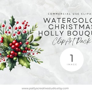 Buquê floral de azevinho e visco de Natal 1 imagem clipart vermelho verde aquarela floral clipart download digital instantâneo 300DPI uso comercial