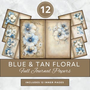 Blauw en bruin bloemen ongewenste dagboekpagina's achtergrond Vintage digitaal papier Patroonontwerpen Kunst Afdrukbare textuur Digitaal papier ambacht Scrapbooking