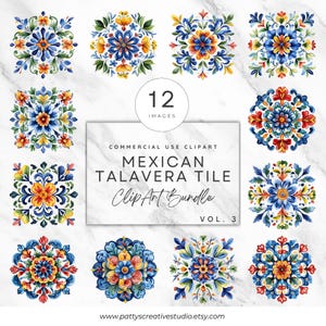 Mexican Talavera Tiles Clipart Set Mosaic Tile PNG Colorful Floral Pattern Designs Watercolor Vintage Mexican Talavera Wall Art Craft Invite