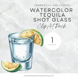 May include: Watercolor illustration of a tequila shot glass with a lime wedge. The glass is filled with a clear liquid and the lime wedge is partially submerged in the liquid. The glass is on a white marble background.  ClipArt Pack 1 Image