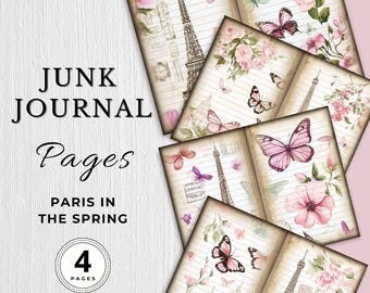 Paris Junk Journal Pages Digital Vintage Paper Pink Paris in the Spring Printable Texture Paper Floral Page Scrapbook Craft Paper Filler V2