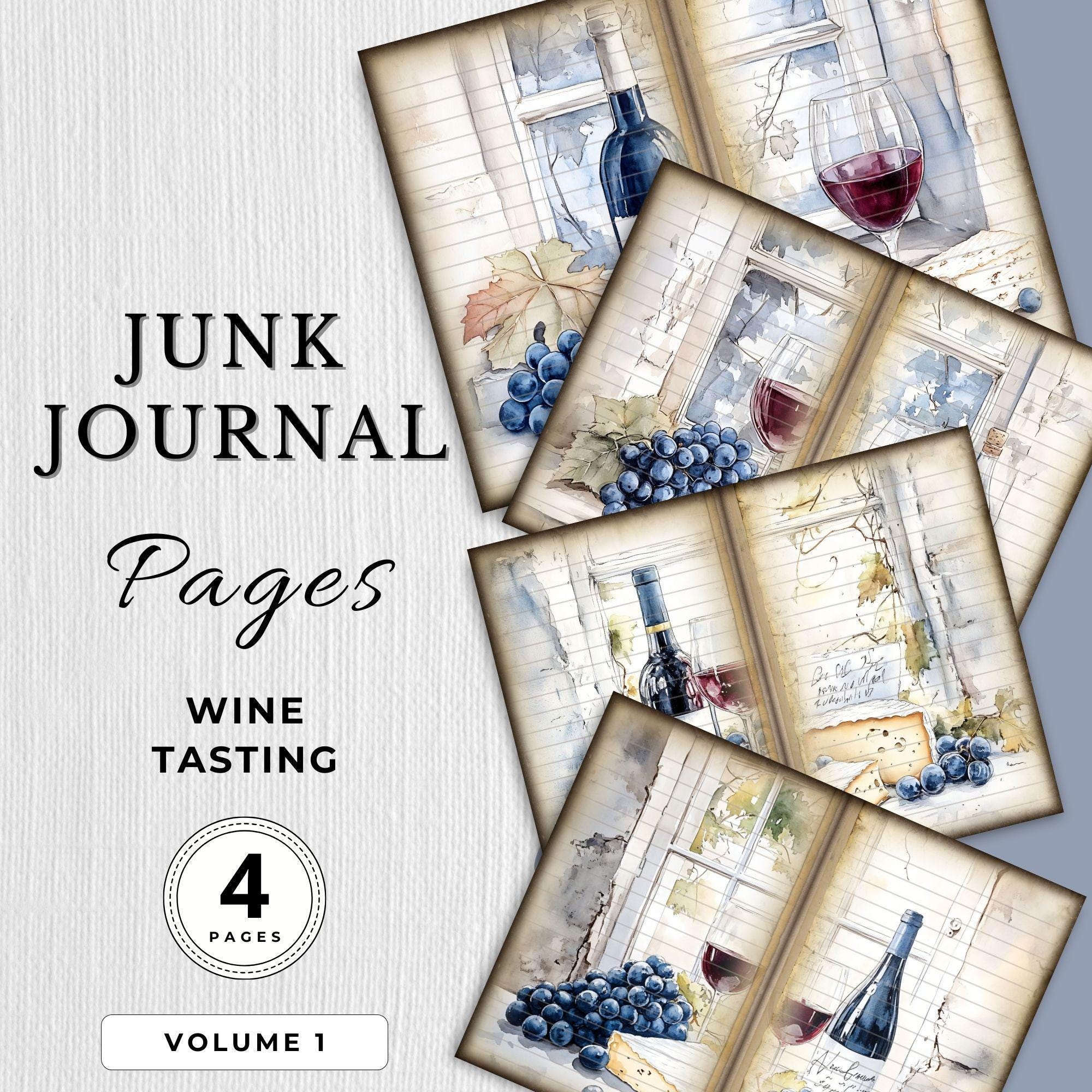 Wine Tasting Junk Journal Digital Paper Pages Wine Grapes Glasses Printable Texture Paper Floral Pages Scrapbook Craft Filler Paper Ephemera
