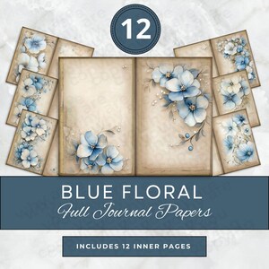 Alter Blau Weiß Floral Junk-Journal Seite Digitales Papier Designs Kunst druckbare Textur Digitales Vintage Papier Handwerk druckbares Scrapbook-Papier