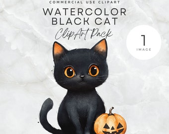 かわいいハロウィン黒猫クリップアートバンドル 水彩魔女猫PNG 面白い