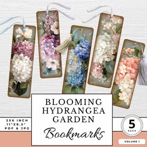 May include: Five rectangular bookmarks featuring floral hydrangea designs in shades of pink, purple, white, and blue. Each bookmark has a ribbon or tassel attached. The text "BLOOMING HYDRANGEA GARDEN Bookmarks" is displayed.