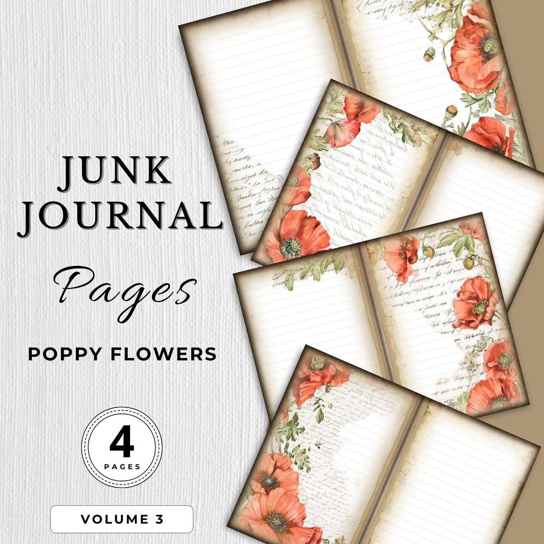 Poppy Floral Lined Junk Journal Digital Paper Pages Poppy Flower ...