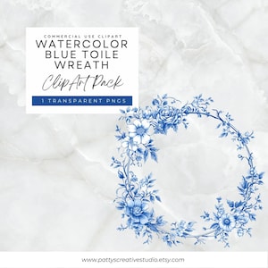 Watercolor Floral Wreath Clipart Blue Toile Chinoiserie Floral Wedding Baby Shower Elegant Vintage Botanical  Blue Chinoiserie Wreath PNG