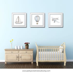 Vintage kinderkamer boot vliegtuig muur kunst baby blauwe voertuigen kunst wordt afgedrukt blauwe jongens kamer luchtballon boot vintage muur decor foto afdrukken JPG PDF