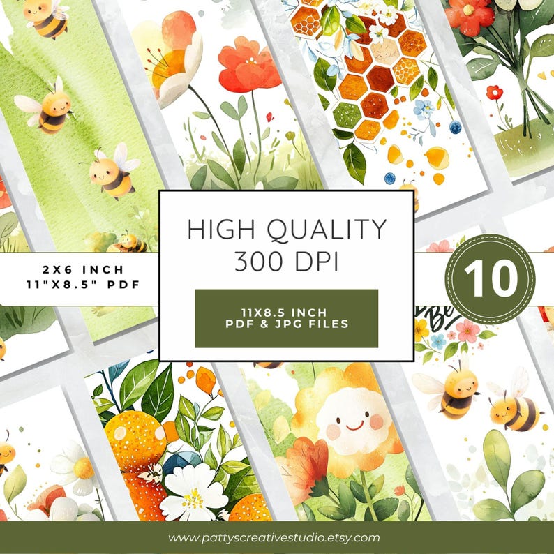 Honey Bee Floral Bookmark Printable Set of 10 Book Lovers Digital ...
