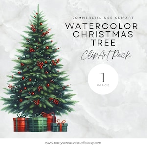 Christmas Tree 1 Image Clipart Holiday Decorated Christmas Tree with Presents Watercolor Clipart Holiday Card Clipart Wall Art Decoration