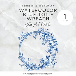 Blue Toile Wreath 1 Image Clipart Blue Chinoiserie Wreath Watercolor Floral Clipart Instant Digital Download 300DPI Commercial Use