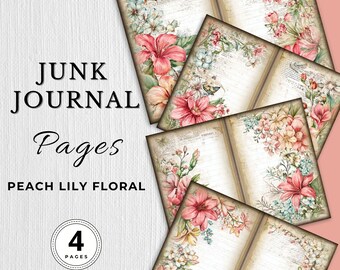 Peach Floral Garden Junk Journal Digital Paper Pages Peach Flowers Printable Texture Floral 4 Pages Scrapbook Craft Filler Lined Papers PDF