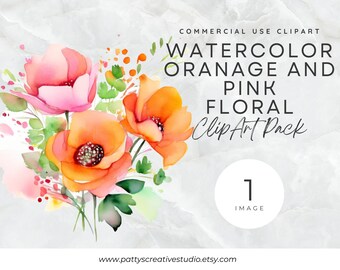 Pink Orange Floral 1 Image Clipart Orange Pink Watercolor Floral Clipart Spring Flower Digital Download DIY Craft Invitation Wall Art PNG