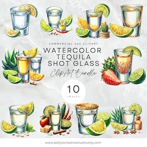 Bundle de cliparts verre à liqueur tequila artisanat en papier numérique tequila boisson citron vert Clipart PNG carte invitation téléchargement 300 ppp usage commercial