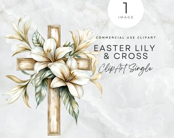 Easter Cross Clipart Single Religious Digital Art Christen Watercolor Lily Gold Cross Art Home Wall Deco Easter Invite Designs Scrapbook PNG
