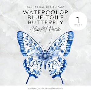 Farfalla blu toile 1 Immagine Clipart Farfalla blu chinoiserie Acquerello floreale Clipart Download digitale istantaneo 300 DPI Uso commerciale