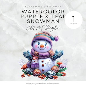 紫のティール雪だるまクリップアートクリスマスカードPNGデジタルダウンロードかわいい雪だるまホリデーパーティー招待状クリップアート陽気な雪だるまスカーフウォールアート