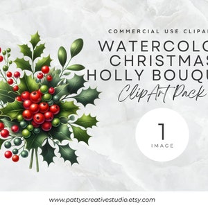 Vischio di Natale Agrifoglio Bouquet floreale 1 Immagine Clipart Rosso Verde Acquerello Floreale Clipart Download digitale istantaneo 300 DPI Uso commerciale