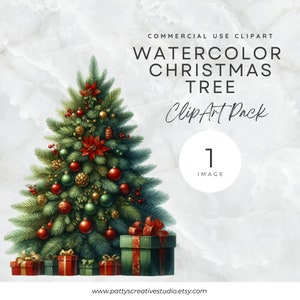 Árvore de Natal 1 Imagem Clipart Árvore de Natal Decorada com Presentes Aquarela Clipart Cartão de Natal Clipart Arte de Parede Decoração