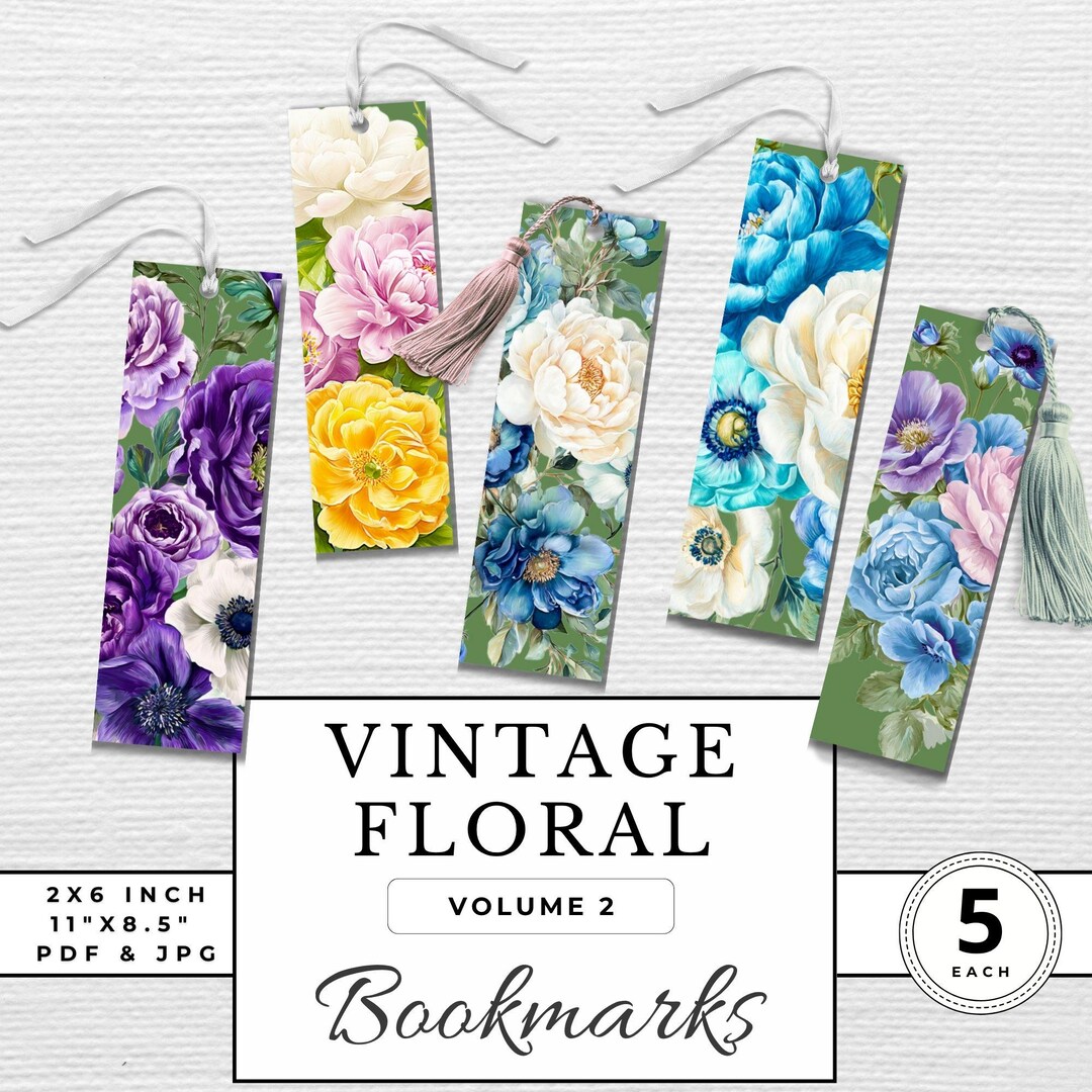 Purple Floral Bookmarks Printable Set of 5 Book Lovers Digital Bookmark ...