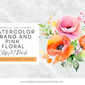 Orange and Pink Floral 1 Image Clipart Orange Pink Watercolor Floral Clipart Spring Flower Digital Download Craft Invititation Wall Art PNG