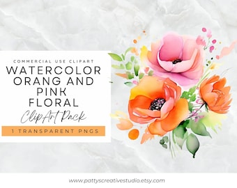 Orange and Pink Floral 1 Image Clipart Orange Pink Watercolor Floral Clipart Spring Flower Digital Download Craft Invititation Wall Art PNG