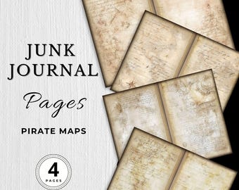 Digitala papperssidor med skräpjournal, gamla piratskattkartor, utskrivbara, texturerade blommor, 4 sidor, scrapbooking, pysselpapper