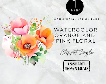 Pode incluir: Uma ilustração em aquarela de flores laranja e rosa com folhas verdes. O texto diz: 1 IMAGE, COMMERCIAL USE CLIPART, WATERCOLOR ORANGE AND PINK FLORAL, ClipArt Single, INSTANT DOWNLOAD, e www.pattyscreativestudio.etsy.com.