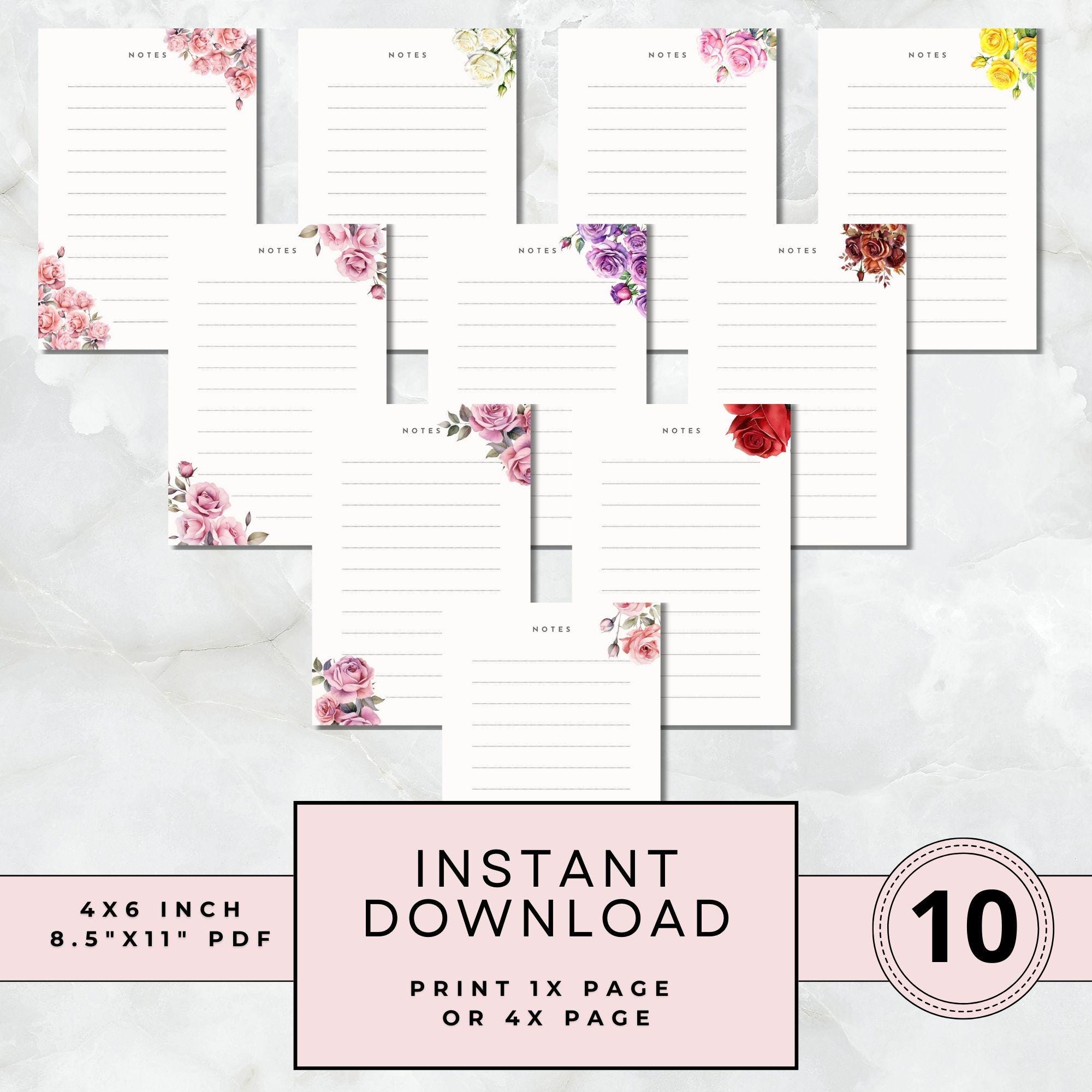 Vibrant Floral Rose Notecards Printable Set of 10 Digital Note Card ...