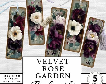 Velvet Rose Garden Bookmarks Printable Set of 5 Gothic Burgundy Pink Floral Digital Bookmark Download PDF Perfect Gift Book Lover Readers