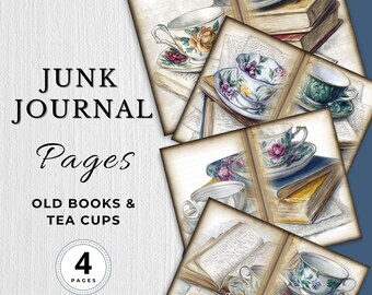 Alte Bücher & Teetassen Junk Journal Digitale Seiten Antike Bücher Teetasse Druckbare Textur Vintage 4 Seiten Sammelalbum Kraftpapier Füllerseite