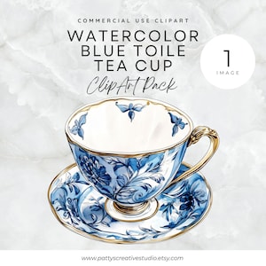 Tazza da tè in tela blu con piattino 1 immagine Clipart Tazza da tè in chinoiserie blu con acquerello floreale Clipart Invito a nozze floreale bianco e blu Clipart