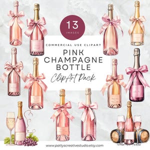 Pink Champagne Bottle Ribbon Clipart Bundle Romantic Bridal Decor Champagne Bottle Pink Birthday Wedding Celebrations ClipArt Wall Art PNG